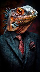 Fashion-forward lizard captivates with elegant human posture.