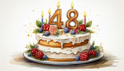 Illustration of decorated white cake for birthday or anniversary party. Number 48, forty-eighth birthday celebration
