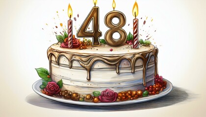 Illustration of decorated white cake for birthday or anniversary party. Number 48, forty-eighth birthday celebration