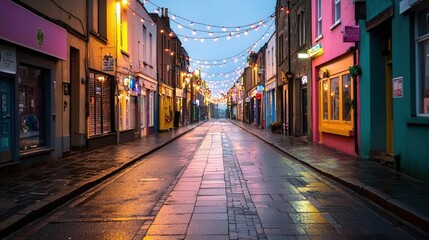 Obraz premium Cinematic shot of the historic town of Trim with Saint Patrick's Day festivities, vibrant colors, warm lighting