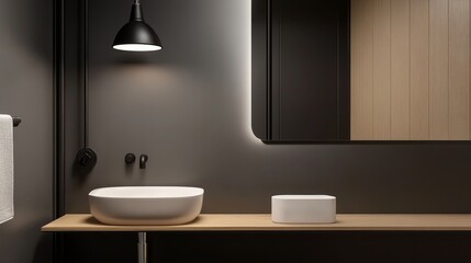Modern bathroom interior featuring a sleek basin and minimalistic decor with ambient lighting