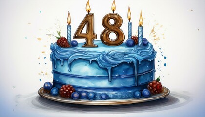 Illustration of decorated blue cake for birthday or anniversary party. Number 48, forty-eighth birthday celebration
