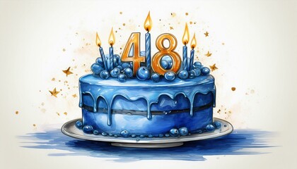 Illustration of decorated blue cake for birthday or anniversary party. Number 48, forty-eighth birthday celebration