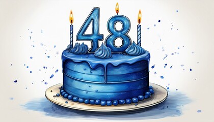 Illustration of decorated blue cake for birthday or anniversary party. Number 48, forty-eighth birthday celebration