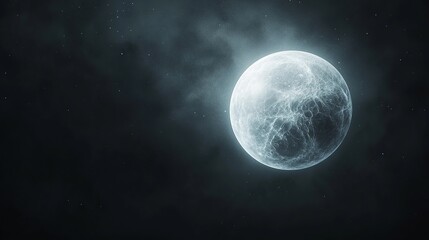 Fototapeta premium A luminous full moon shines brightly in the night sky amidst dark, swirling clouds.
