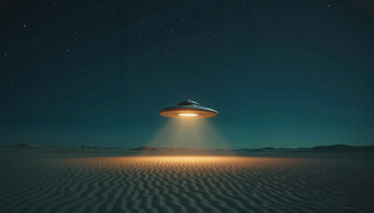 Classic Flying Saucer Over Desert at Night