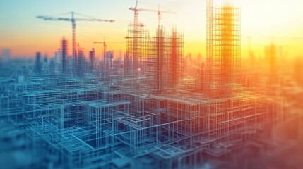 Sunrise over a city under construction, showcasing steel structures and cranes.