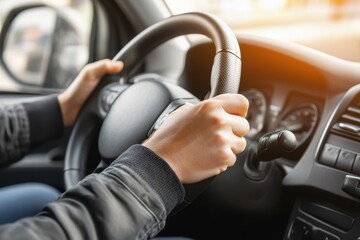 Hands on Steering Wheel During Road Trip in Driver's Perspective
