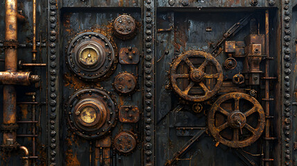 Detailed Industrial Steampunk Mechanism with Gears and Gauges Rusty Texture