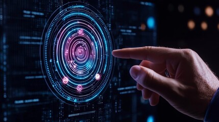 Obraz premium A hand with fingers moving icons around a bullseye target on a digital interface