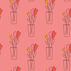 Pattern of Colorful Stylized Tulips in Vases on a Pink Background