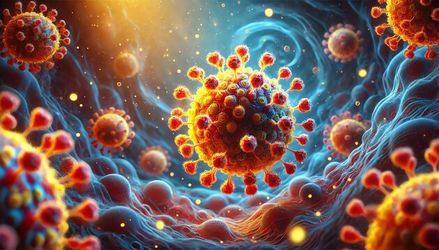 A vibrant and dynamic microscopic view of a viral infection, showcasing multiple spherical virus particles with spiky protein structures