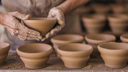 Pottery Hands Holding Clay Bowl Above Row of Vessels