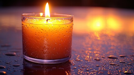 Elegant candle adorned with shimmering water droplets creating an enchanting ambiance