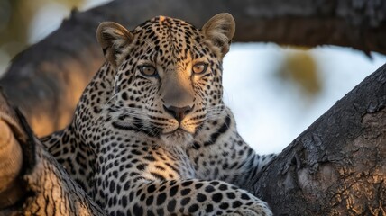 Fototapeta premium Leopard Resting on Tree Branch in Golden Light