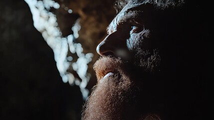 Ancient Man Gazes Upwards In A Dark Cave. The Mystery Of Human Origins And Primal Wonder.