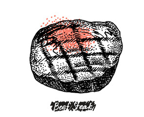 Hand drawn illustration of Beef Steak. Meat products templates collection for menu design, flyers and brochures. Engraving style hand drawn sketch, vector illustration.