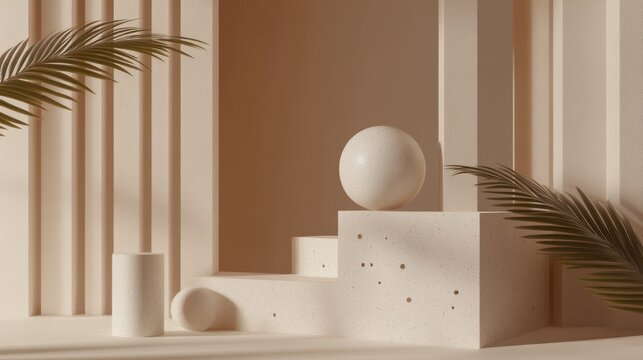 An abstract 3D render presents a minimalist geometric design, featuring simple, clean shapes and a restrained color palette.