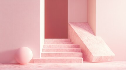 An abstract 3D render presents a minimalist geometric design, featuring simple, clean shapes and a restrained color palette.