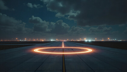 Glowing Orange Circle on Airport Runway at Night