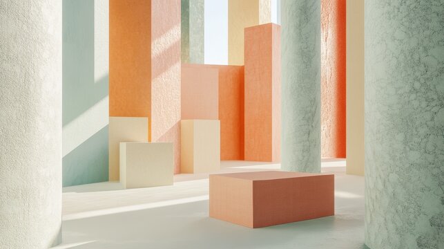 An abstract 3D render presents a minimalist geometric design, featuring simple, clean shapes and a restrained color palette.