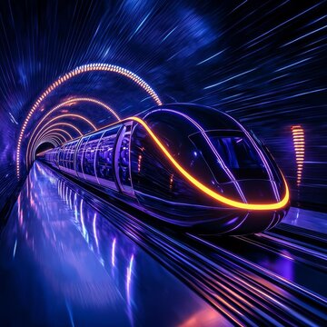 A high-speed hyperloop station with passengers boarding sleek, pod-like vehicles
