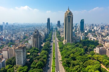 Aerial view of Pune city in Maharashtra, India Skyscrapers and modern architecture dominate the skyline Hazy smog fills the atmosphere Trees and greenery amidst the urban landscape