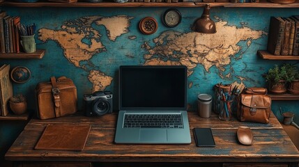 Laptop, camera, and travel accessories on a rustic wooden desk with a world map backdrop.