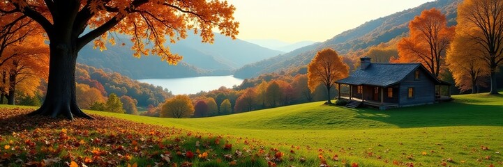 Rolling hills covered in autumn leaves and tall oak trees surrounding a peaceful cabin with a lake in the distance, countryside, nature, hills