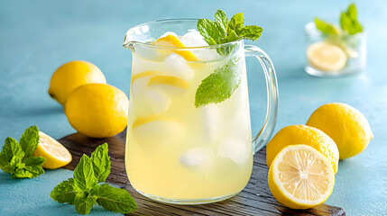 Refreshing lemonade pitcher, lemons, mint, summer