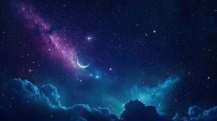 Fototapeta premium The beauty of a star-studded sky illuminated by a delicate crescent moon.