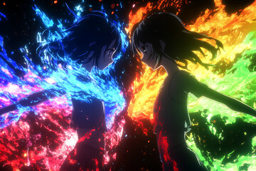 Obraz premium anime characters staring at each other with colored auras on a black background