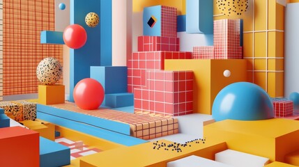 An abstract 3D render showcases a visually intriguing composition with geometric shapes and dynamic forms.