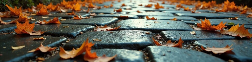 Rough stone pavement with cracks and broken glass littered with autumn leaves, autumn, weathering, broken glass