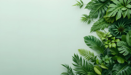 Green Tropical Leaves Corner - Ferns, Palm Leaves, and Monstera on Light Green Background - Minimalistic Design