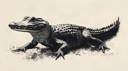 Obraz premium Realistic black and white alligator, intricately shaded, lies on its side; head tilted subtly, evoking serene mystery