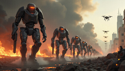 Dark Gray Humanoid Robots Marching Through Burning Cityscape