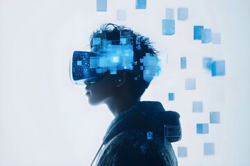 Young man using virtual reality headset. VR, future, gadgets, technology concept. VR, glasses and engineering man on tablet for futuristic research, electronics management or software design. 