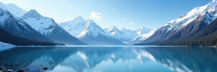 Serene glacier lake with snow-capped mountains in the background, lake, frozen