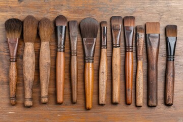 Fototapeta premium Aerial view of artistic euqipments painting tools on wooden table