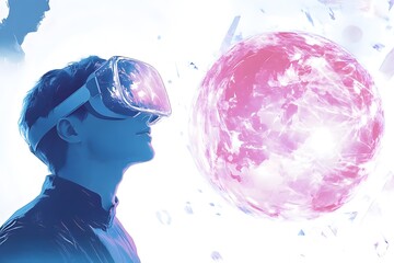 Young man using virtual reality headset. VR, future, gadgets, technology concept. VR, glasses and engineering man on tablet for futuristic research, electronics management or software design. 