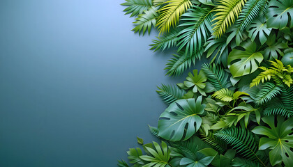 Assorted Green Tropical Leaves - Vibrant Display on Gradient Blue Background - Decorative Nature Elements