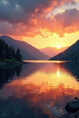Serene lake at sunset with surrounding hills and trees, peaceful, water, landscape
