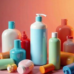 Shampoo bottle with a few scattered bottles around it, empty, cluttered