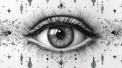 Intricate Eye Illustration with Decorative Elements and Detailed Patterns in Monochrome Style