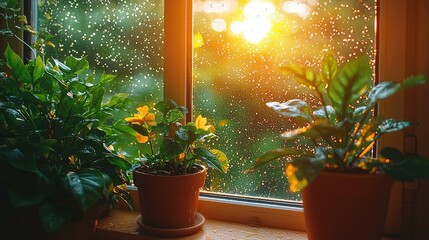 A brightly lit window adorned with various potted plants providing a lush green display