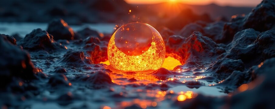 Shattered glass reflects a warm golden light as it melts into a pool of molten lava, , lava flow