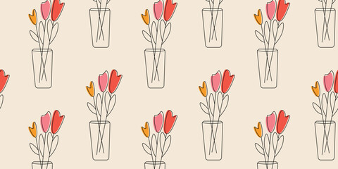 Floral banner With Hand-Drawn Flowers in Vase Featuring Artistic Tulip Design