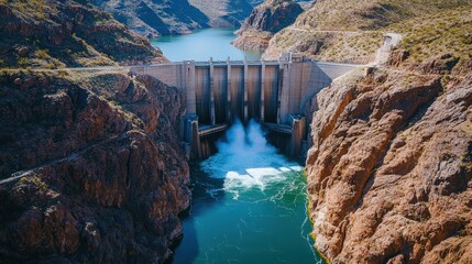A large dam is seen in the distance with a river flowing underneath it