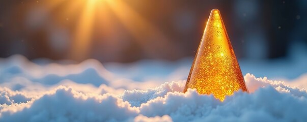 Shimmering golden cone against snowy background, hue, color, snow